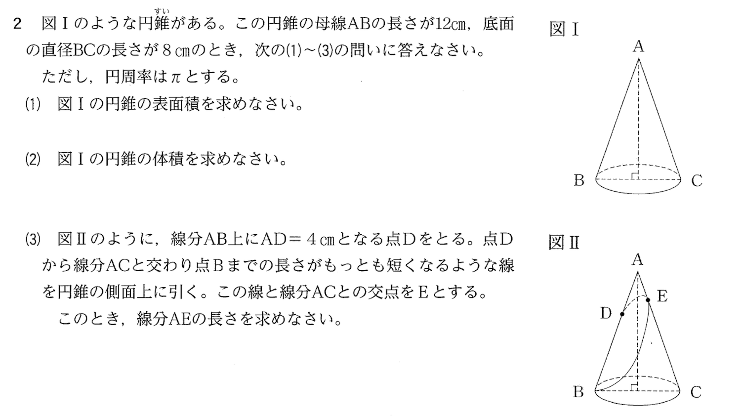 2023年度宮崎県立高校推薦入試数学・円錐側面上の最短経路問題