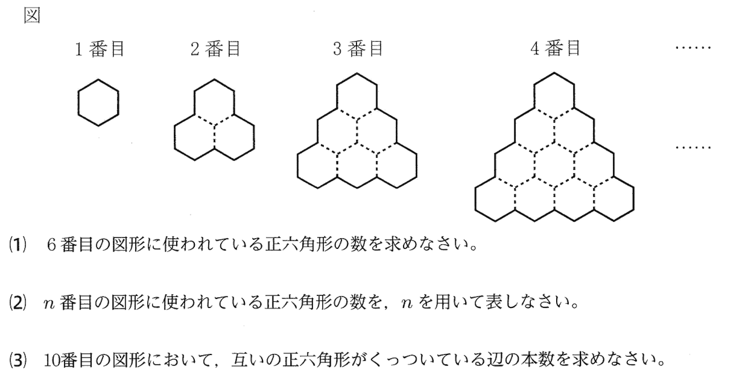 2024年度宮崎県立高校推薦入試数学・正六角形の規則性と共有辺の問題